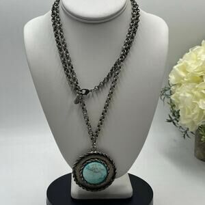 YOCHI NY Designer Turquoise Blue Round Large Round Cabochon Pendant Necklace 36”